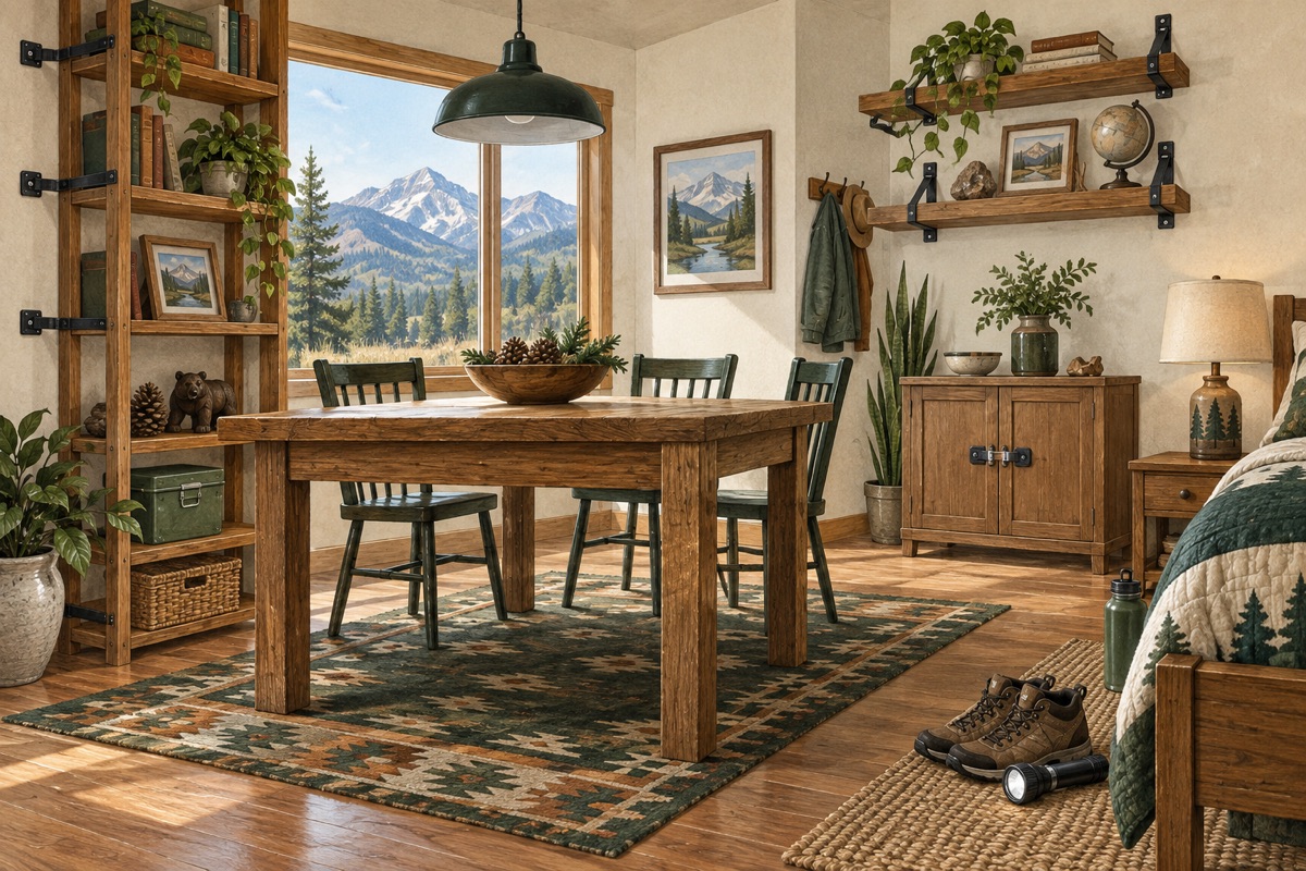 Illustration of a sturdy table, secured shelves, latched cabinet, shoes, and flashlight in an Idaho home.