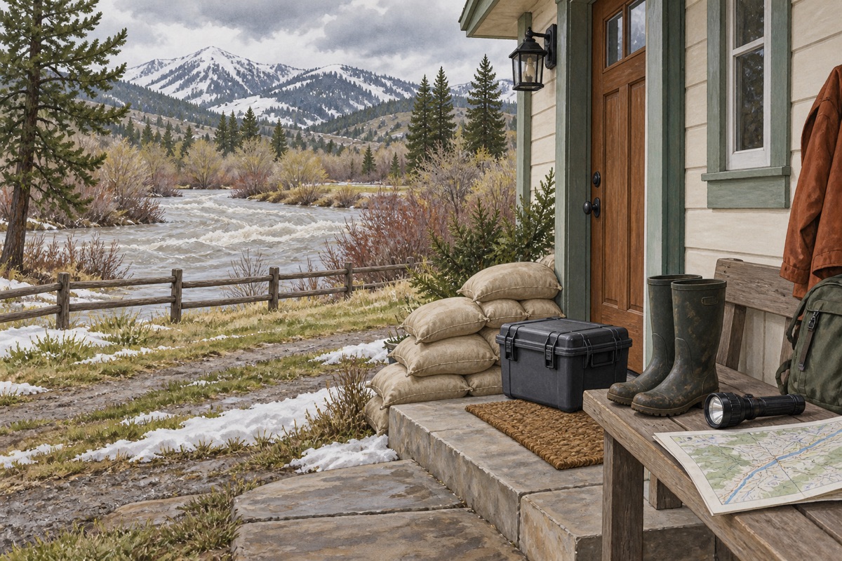 Illustration of flood-preparation supplies beside an Idaho home near a swollen creek during spring snowmelt.