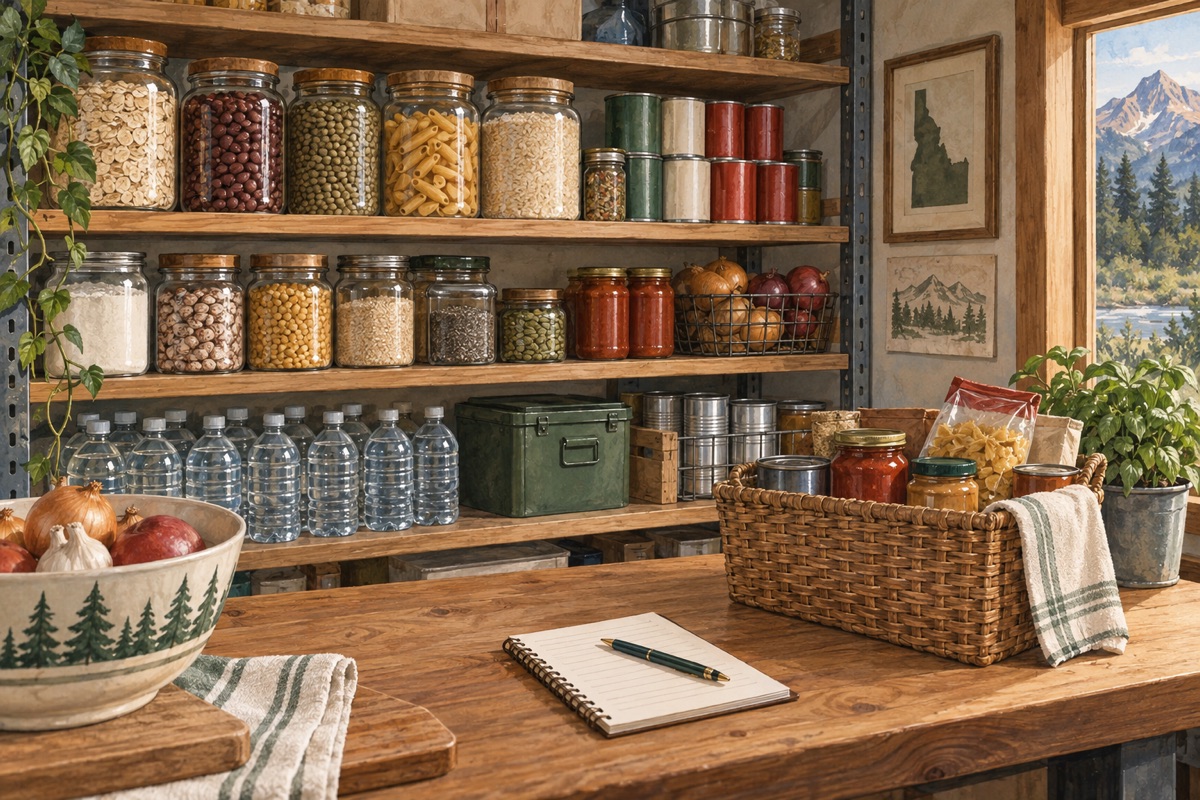 Illustration of an orderly pantry with jars, cans, dry foods, bottled water, and an inventory notebook.