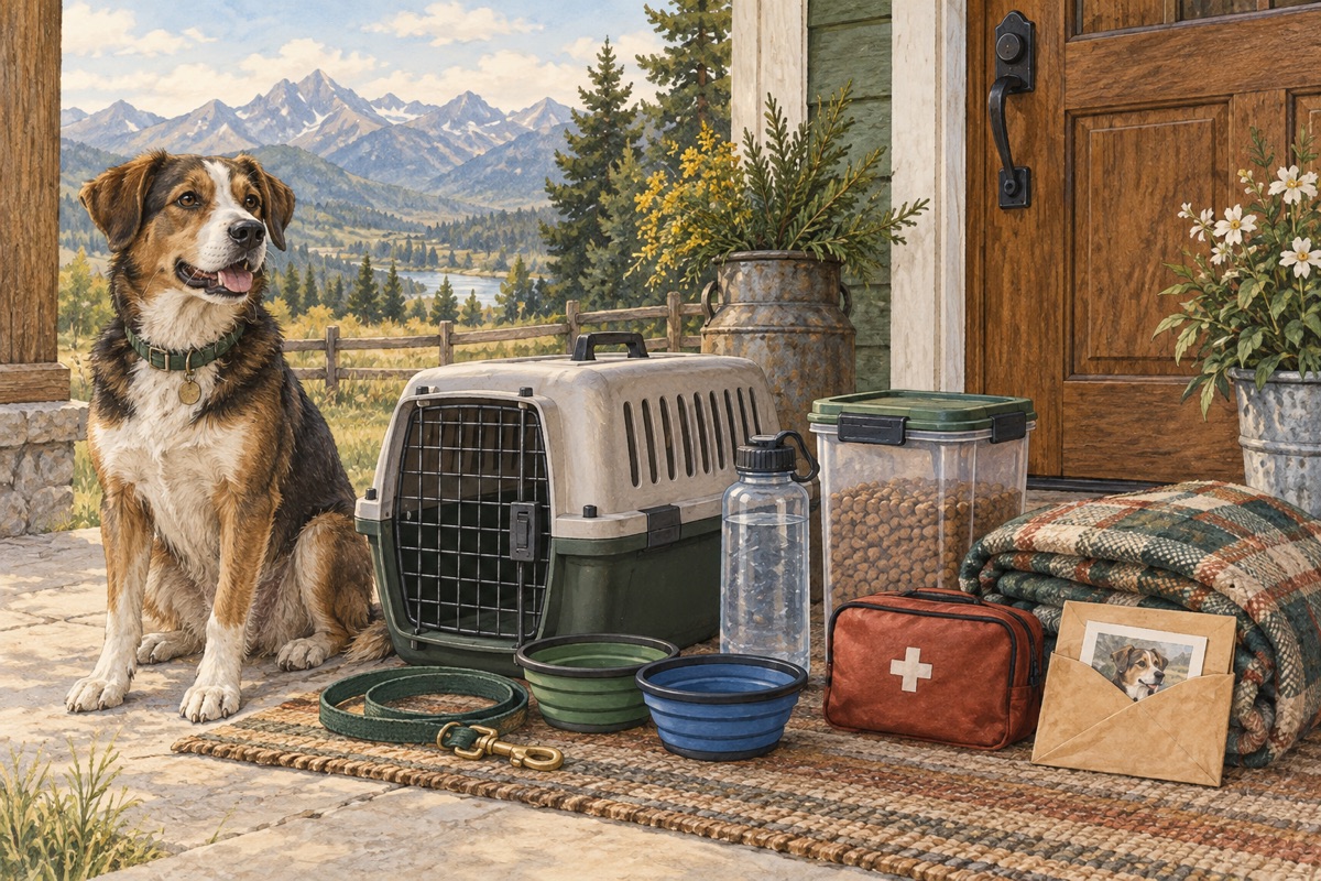 Illustration of a calm dog beside a carrier, leash, food, water, bowls, blanket, and pet emergency supplies.