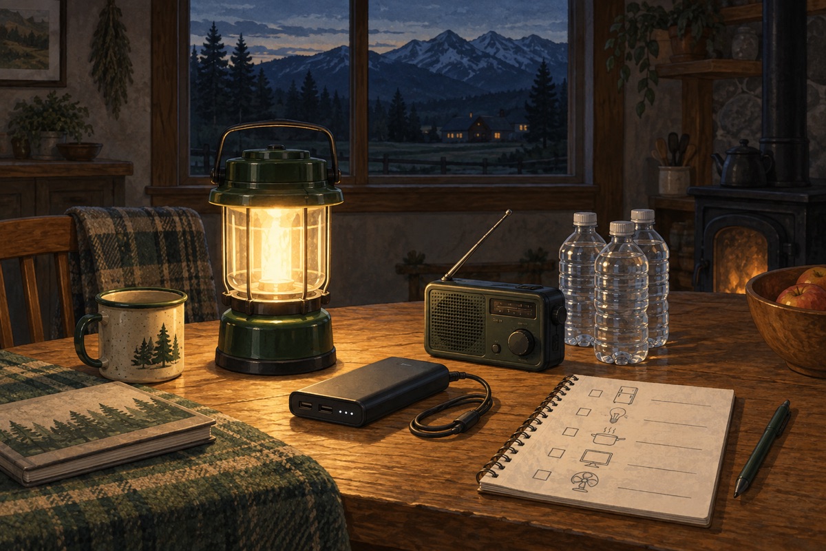 Illustration of a lantern, radio, power bank, water, and checklist on a kitchen table during an evening outage.